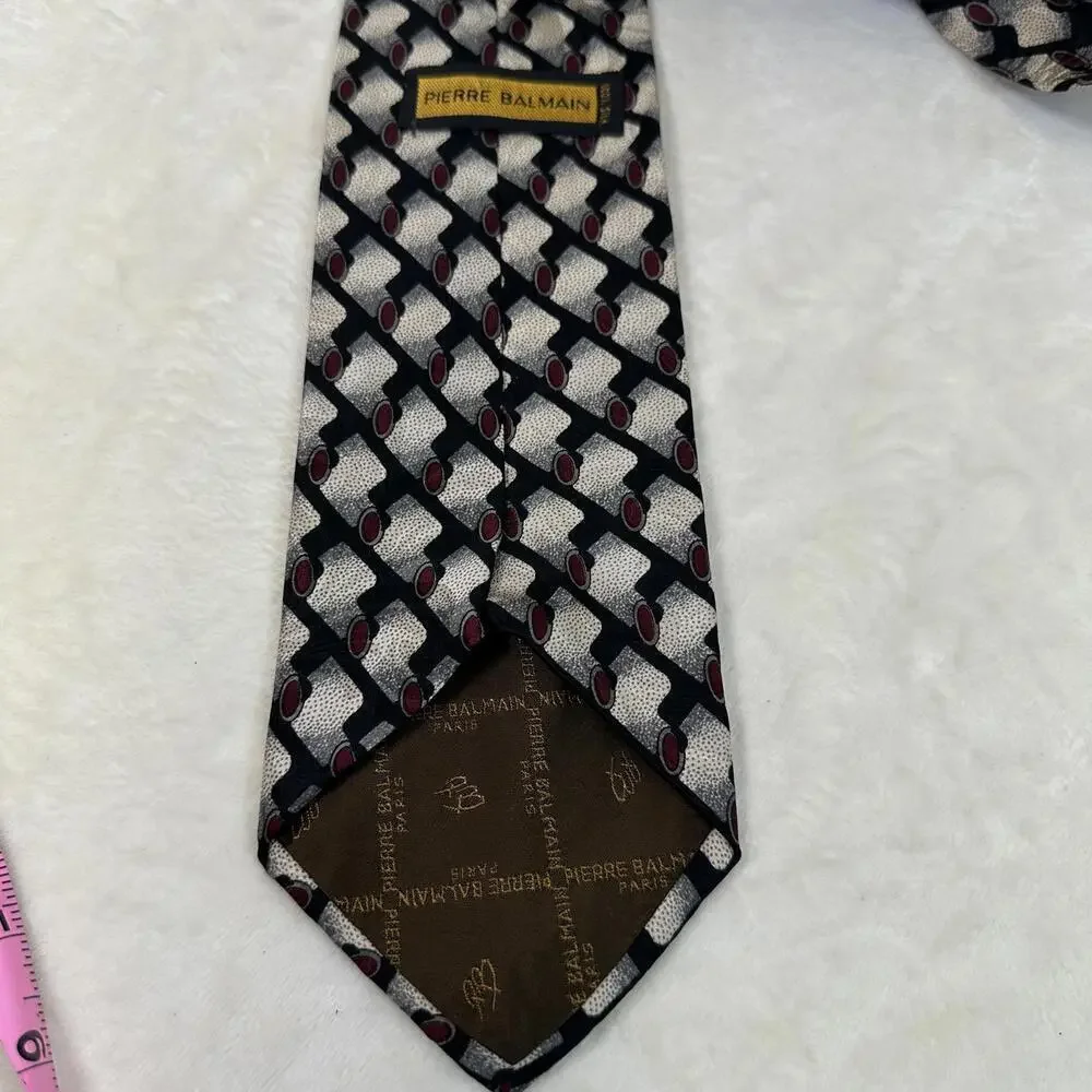 Pierre Balmain 100% Silk Tie Geometric 4 X 58 Burgundy Black Cream Gray Work